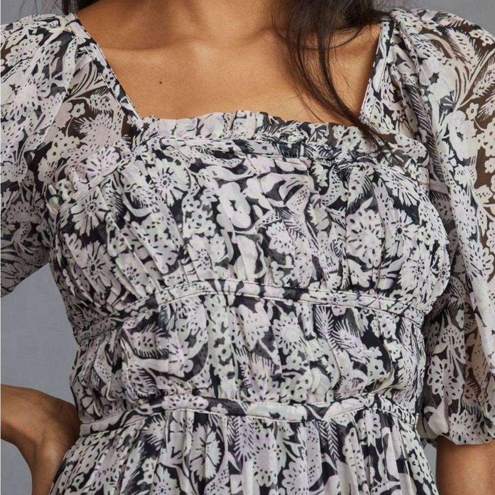 👗🌟Anthropologie Square Neck Smocked Midi Dress Boho Floral Black White XS 0 2 - Picture 7 of 12